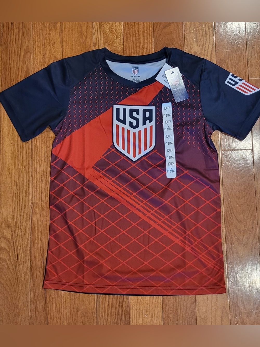 NWT US Soccer Youth Large 12/14 Jersey Top Red Navy Diamond Pattern Shirt
